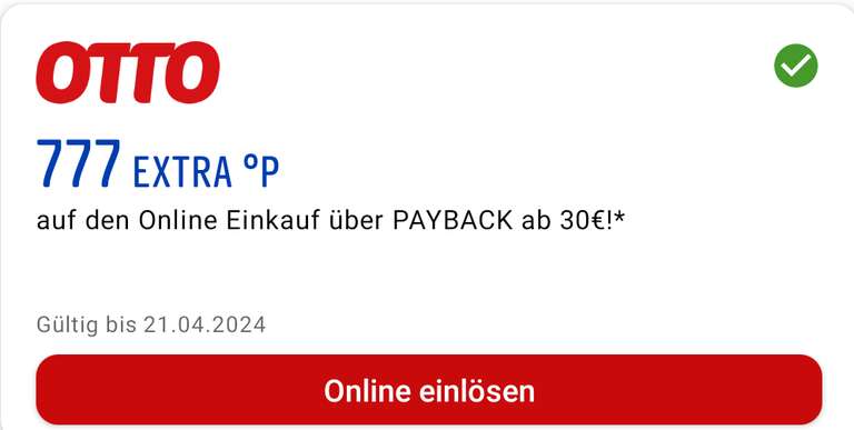 [Payback + Otto] 777 Extra Punkte für Einkauf ab 30 € - bis 21.04.2024 - evtl. personalisiert