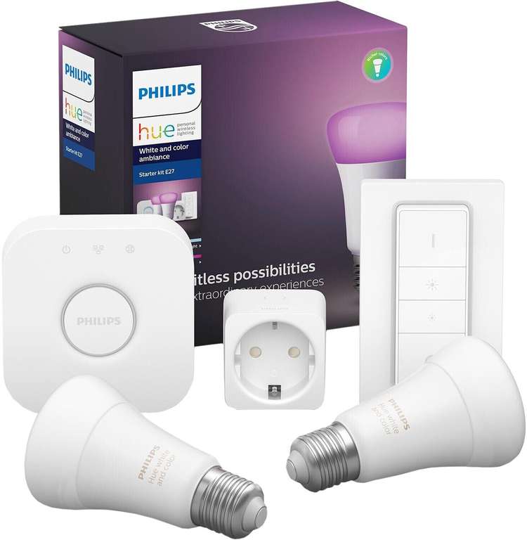 Philips Hue LED Leuchtmittel White & Color Ambiance Starter-Kit 2 Leuchtmittel, Bridge, Dimmschalter, SmartPlug
