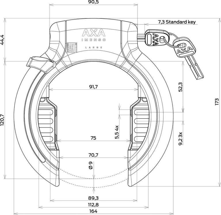 AXA Imenso Large Rahmenschloss / Fahrradschloss | AXA-Sicherheitsstufe 12 von 15 | UPI / ULC Plug-In kompatibel | 75mm Öffnung| 2 Schlüssel