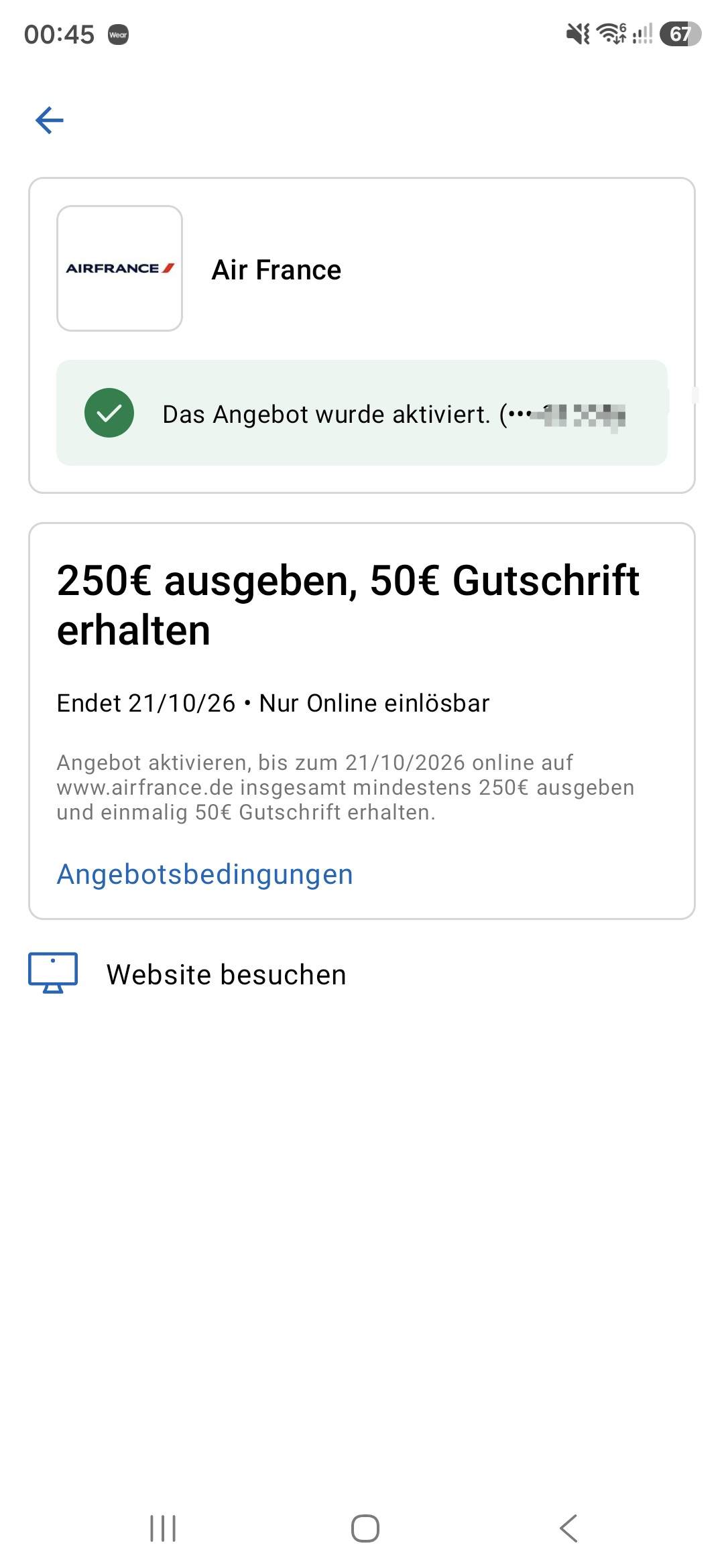 [AMEX OFFERS] Air France, 250 Eur ausgeben 50 Eur Gutschrift erhalten. [personalisiert]