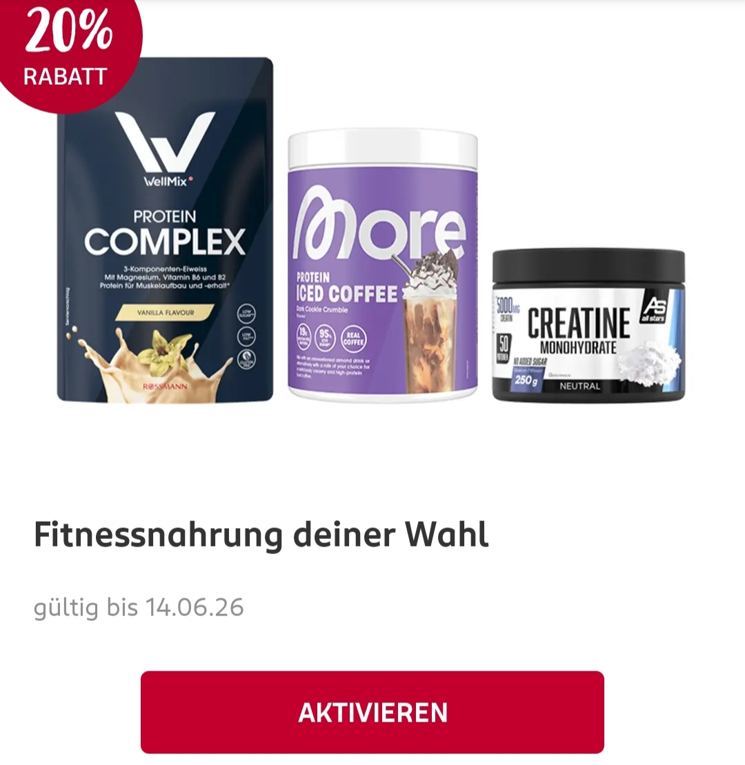 [Rossmann] 20% Rabatt auf gesamte Fitnessnahrung (z.B. WellMix) + kombinierbar 10% App-Coupon (Proteine aufm Pumpermarkt) [Personalisiert?]