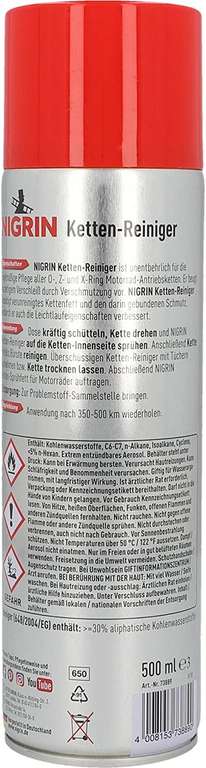 NIGRIN Kettenreiniger, 500 ml Sprühdose, Kettenspray für Motorrad, reinigt und entfettet Motorradketten (Prime)