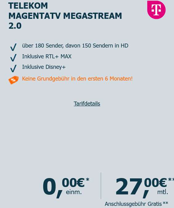 6 Monate kostenlos, 60€/66€ Cashback: Telekom Magenta TV Smart eff. 5€/Monat, SmartStream eff. 10€/Monat, MegaStream eff. 17,50€/Monat