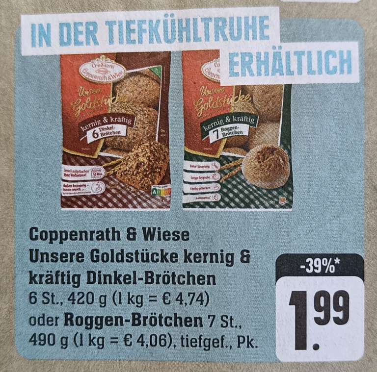 Coppenrath & Wiese Unsere Goldstücke kernig & kräftig Dinkel- oder Roggen-Brötchen für 0,99 € je Beutel (Angebot + Coupon) [Edeka]