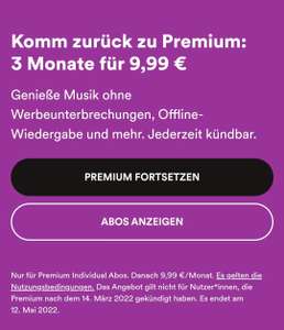 [ehemalige Premiumkunden / Bestandskunden] 3 Monate Spotify Premium für 9,99 Euro