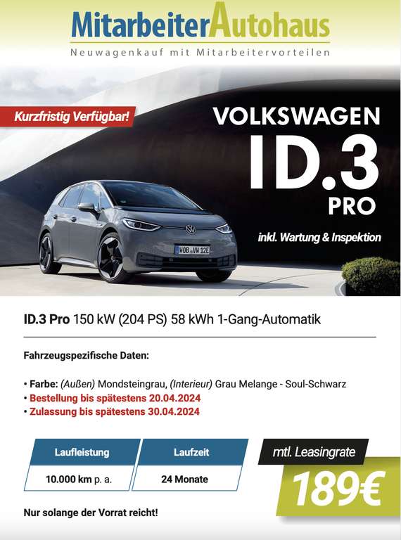 Corporate Benefits - Leasing: VW ID.3 inkl. Wartung & Verschleiß, Winterräder, Assistenz-Paket // 24 Mon. // 10.000km // 223,83€ // LF: 0,49