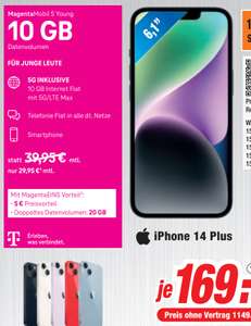 Lokal, Telekom Netz, U28: Apple iPhone 14 Plus 128GB im Mobil S Magenta Eins Young Allnet/SMS Flat 20GB 5G für 24,95€/Monat, 169€ Zuzahlung