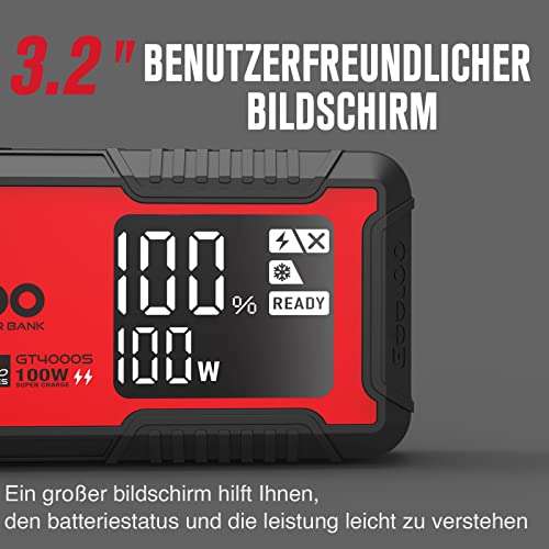 GOOLOO GT4000S KFZ-Starthilfe Powerbank, 4000A 100W, für 12V Fahrzeuge (12.0L Benzin & 10.0L Diesel), 3,2" LCD Bildschirm
