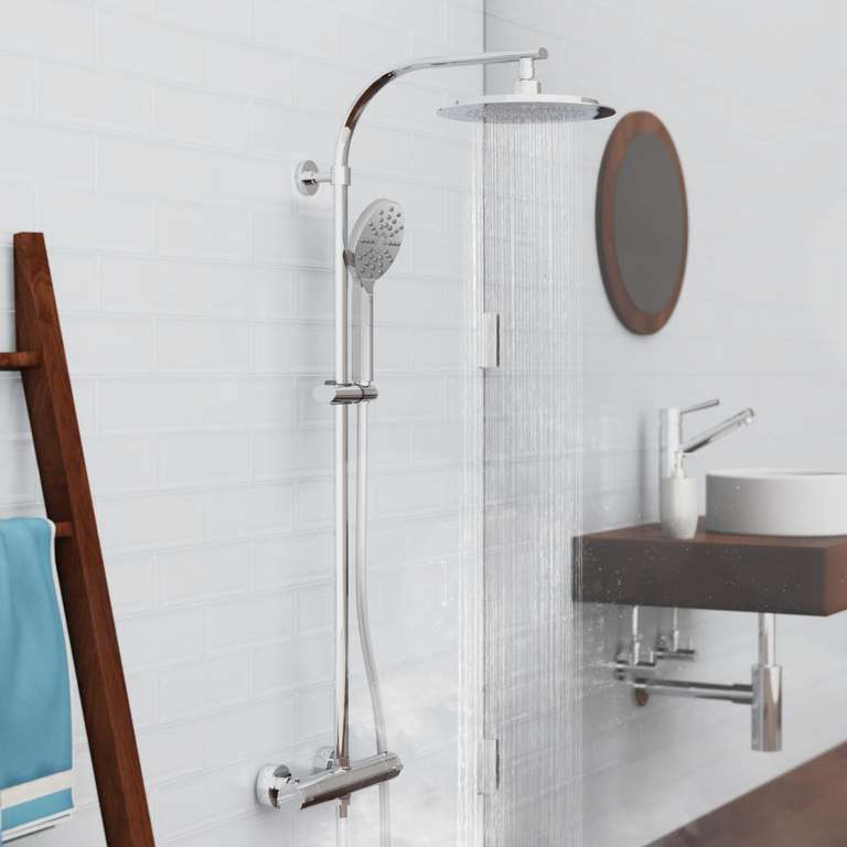 SCHÜTTE MADURA Duschsystem mit Thermostat, große Regendusche (Ø 24 cm) und verstellbarer Handbrause, Brauseset mit Duschstange, Chrom