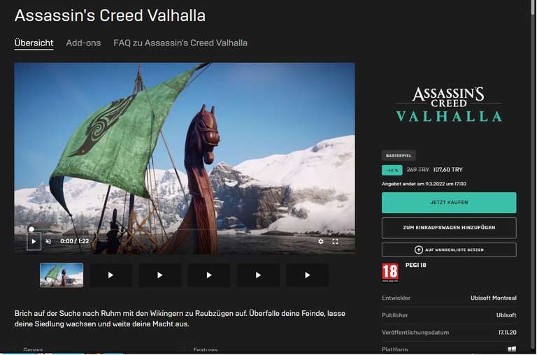 Assassin's Creed Valhalla Standard im Epic TR Store für 6,94€ (Deluxe für 9,25€)