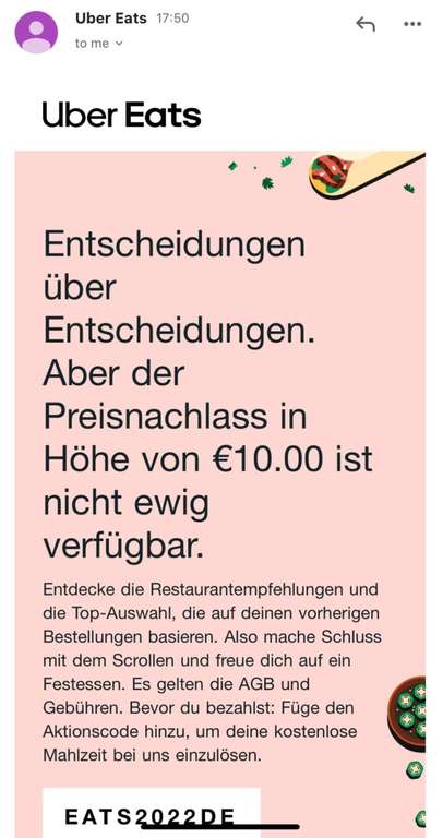 UberEats 10€ Gutschein MBW 20€ (personalisiert)