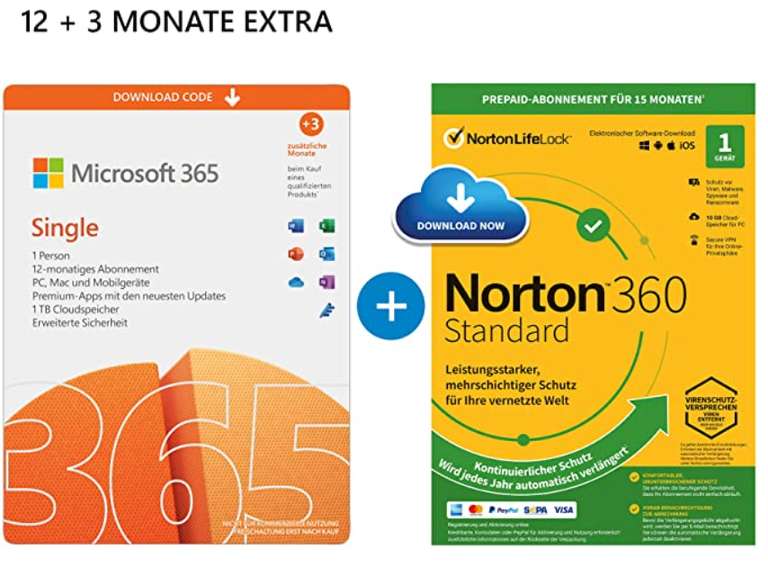 Microsoft 365 Single 12+3 Monate Abonnement + wahlweise McAfee oder Norton Virenschutz