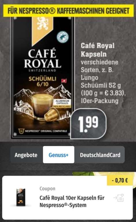 Cafe Royal 10er Packung - Nespresso kompatibel Kapseln - Edeka Angebot Preis 1.99€ + GenussPlus Coupon 0,70€