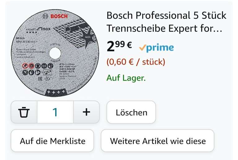 Bosch Professional 5 Stück Trennscheibe Expert for Inox (für Edelstahl, 76 x 10 x 1 mm, Zubehör Winkelschleifer) Grau, Einzelpack, PRIME
