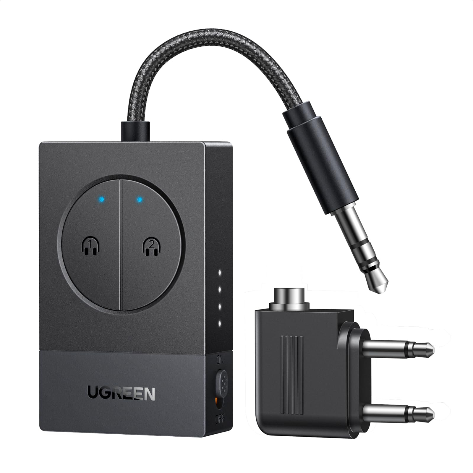 UGREEN Bluetooth 5.4 Audio-Sender mit 3,5 mm Klinke, Flugzeugadapter, Dual-Kopfhörer-Unterstützung, 19 h Akku, für Flugzeug/TV 65706 | Prime