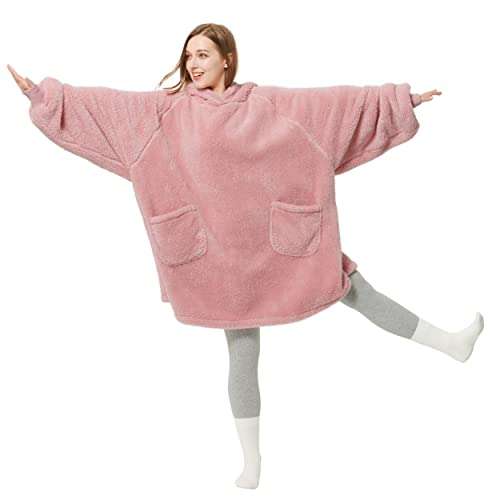 Bedsure Hoodie Decke mit Ärmeln Rosa - Decke zum Anziehen Sweatshirt, Kuscheldecke mit Ärmeln Pullover 107x90 cm