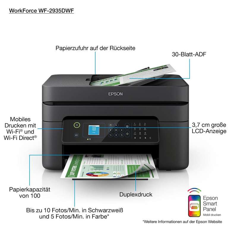 Drucker Epson WorkForce WF-2935DWF | WLAN | Tintenstrahldrucker | Scanner inkl. Einzug | Fax